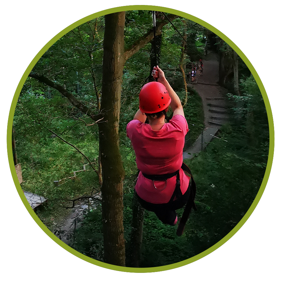 circle cropped image of woman on a zipline