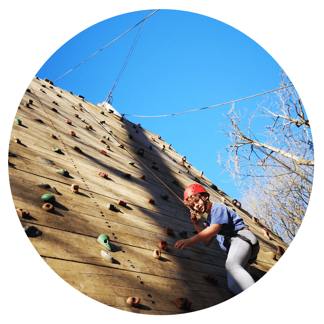 Boy climbing wooden climbing wall on sunny day