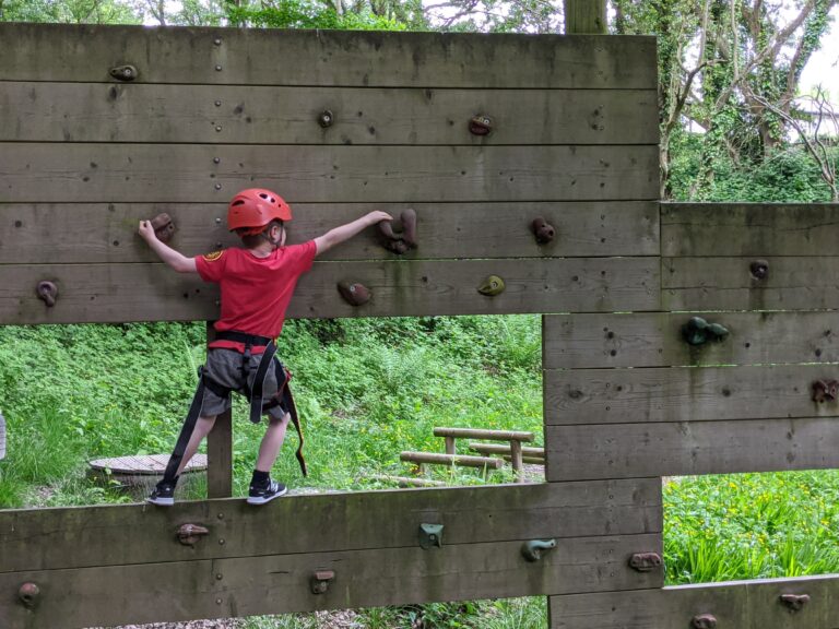 Child in a red tshirt climbing a small climbing wall.